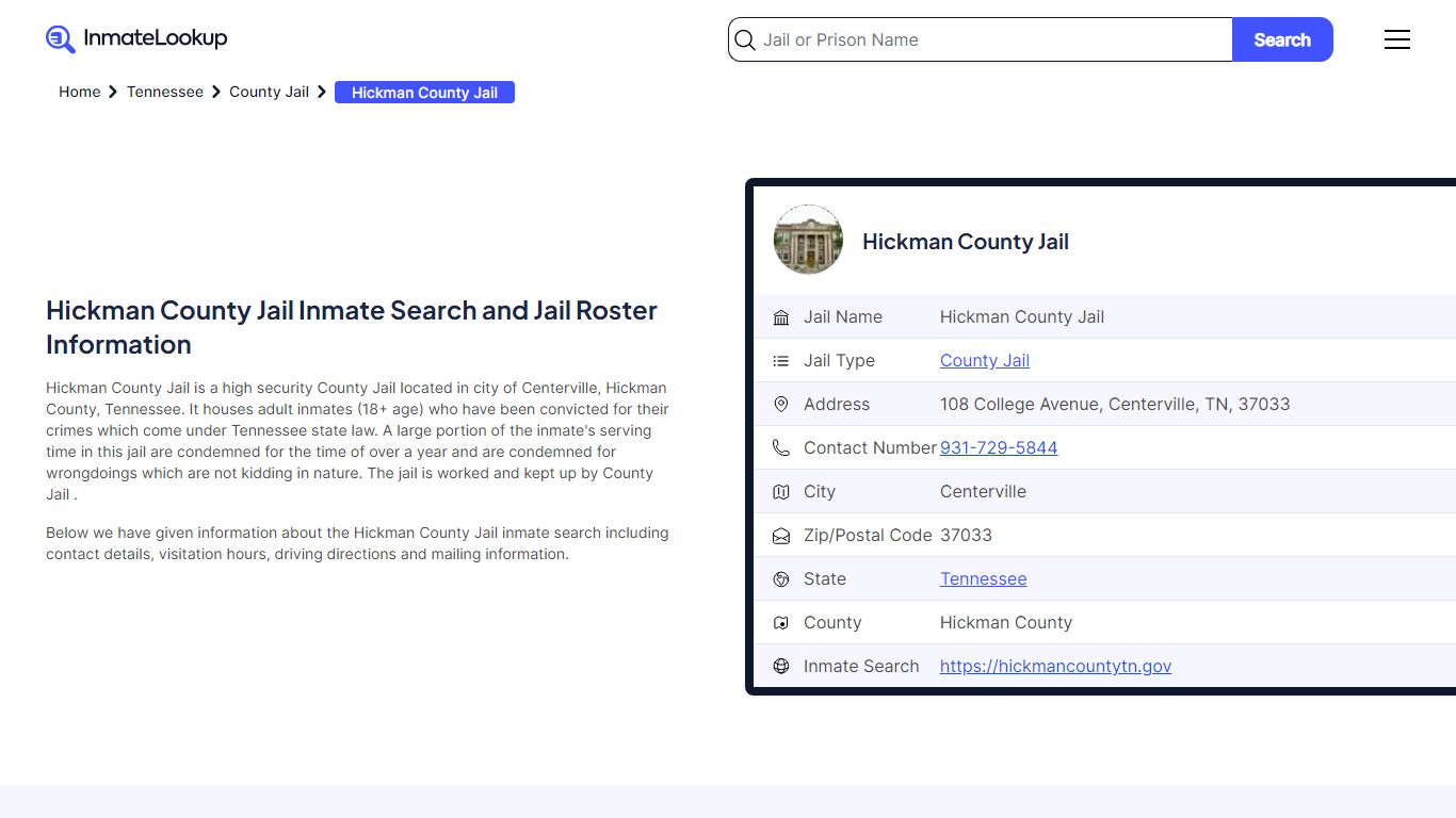 Hickman County Jail Inmate Search and Jail Roster Information